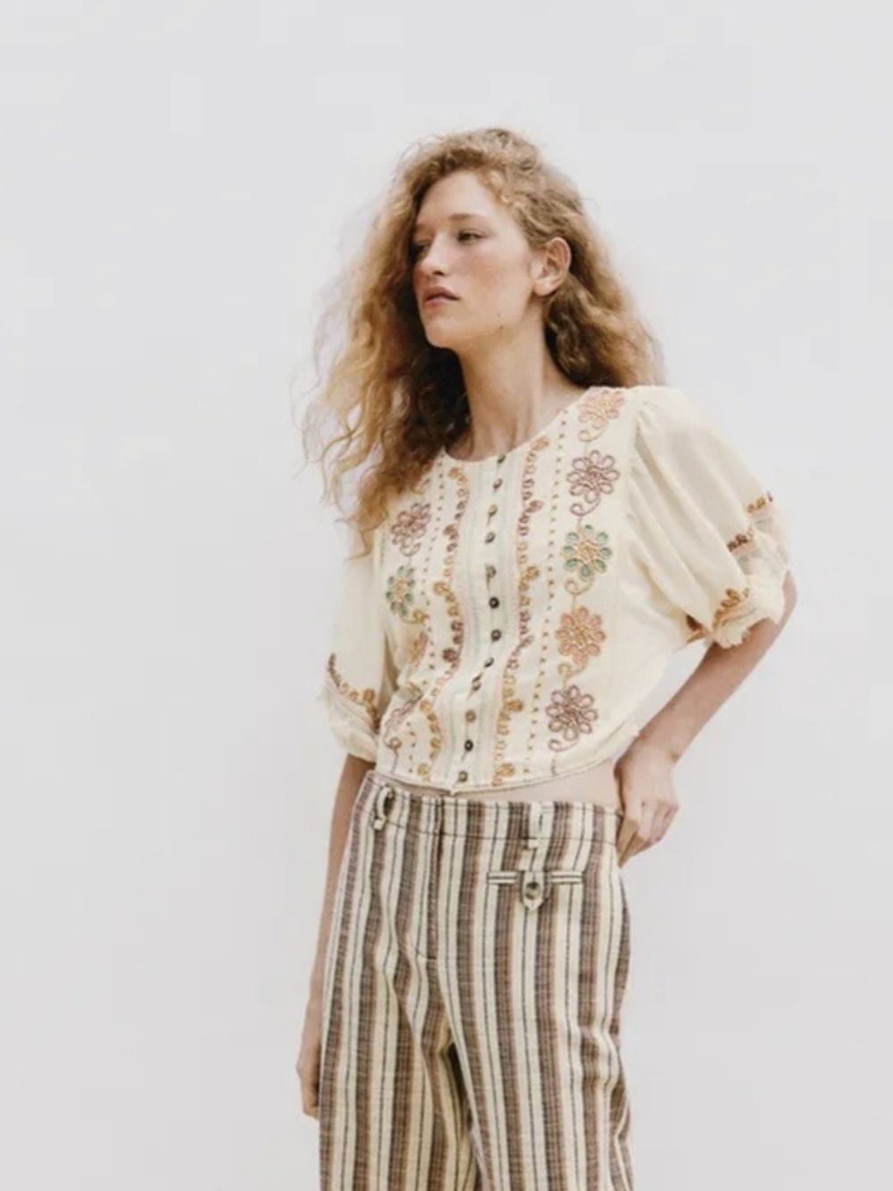 Zara Cream Embroidered Puff-Sleeve Blouse